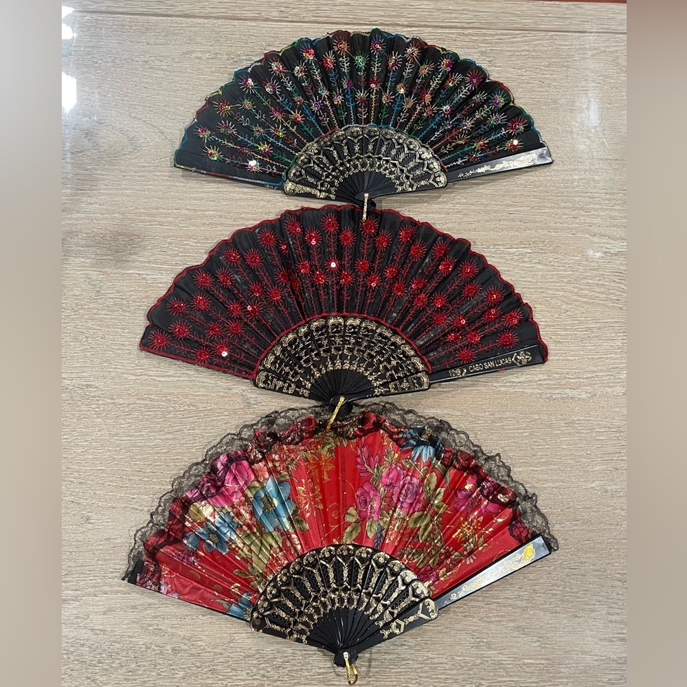 Elegant Floral Hand Fan Set - Black, Red, Multicolor